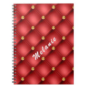 Golden Diamond Tufted Leather Your Text Name Red Notebook