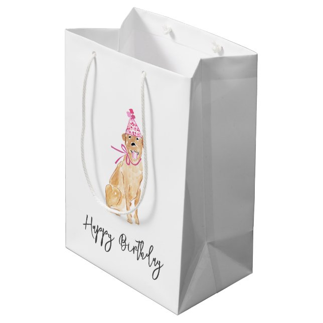 Golden Dog Birthday Hat Balloons Cake Pet Fun Medium Gift Bag (Back Angled)