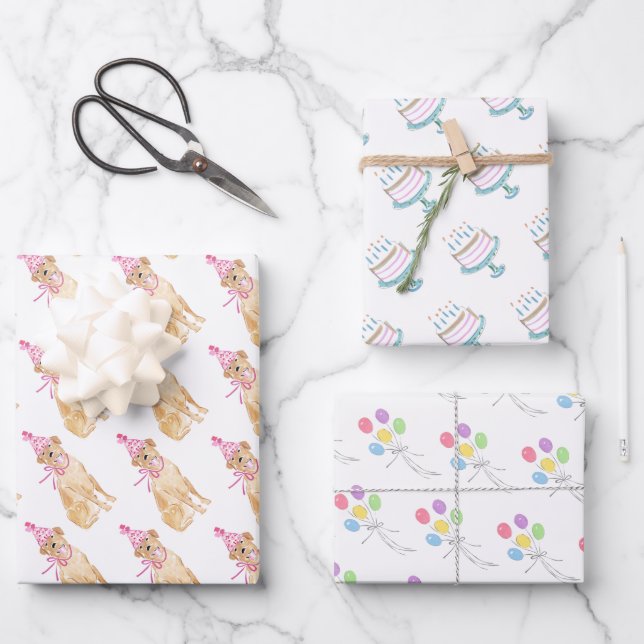 Golden Dog Birthday Hat Balloons Cake Pet Fun Wrapping Paper Sheet (Front)