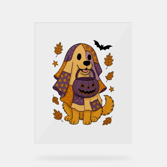 Golden Dog Ghost Halloween Acrylic Sign (Front)