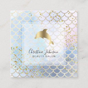 golden dolphin on fish scale pattern square business card