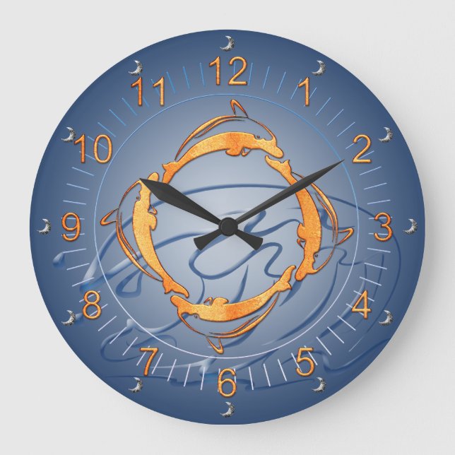 Golden Dolphins Ring Shades of Blue Large Clock (Front)