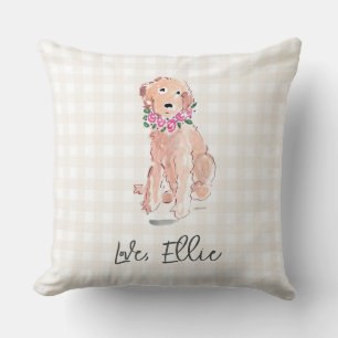 Golden Doodle Art Dog Flowers Love NAME Gingham Throw Pillow