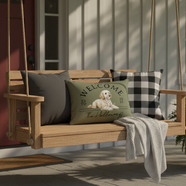 Golden Doodle Custom Family Name Welcome Accent Pillow (Welcome guests to your home with this Golden Doodle Custom Family Name Welcome throw pillow!)