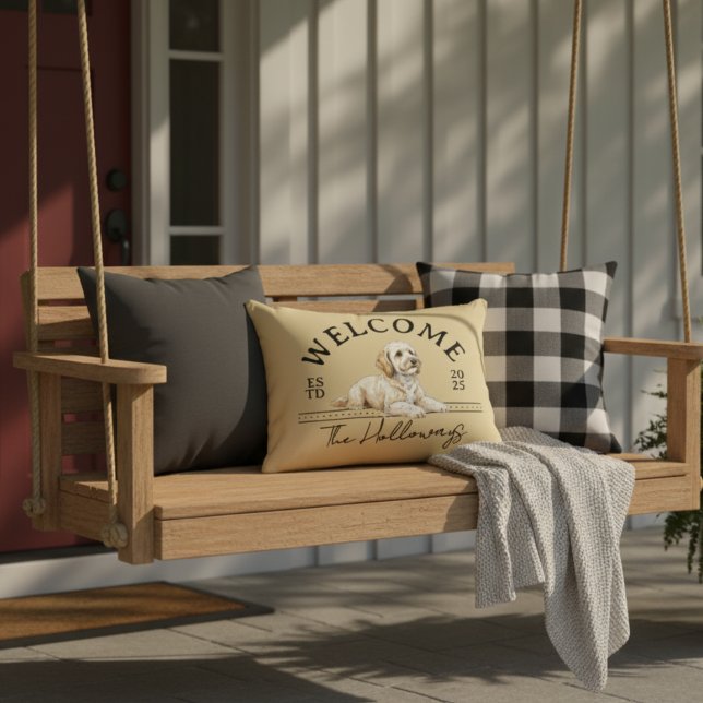 Golden Doodle Custom Family Name Welcome Accent Pillow (Welcome guests to home with this Golden Doodle Custom Family Name Welcome Throw Pillow!)