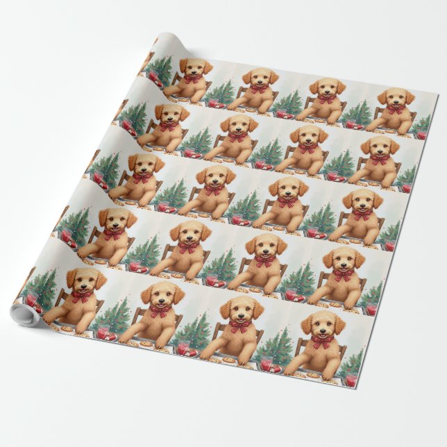 Golden Doodle Decorating Christmas Cookies Wrapping Paper (Unrolled)