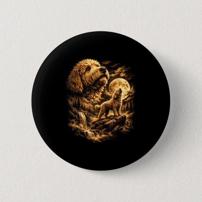 Golden doodle dog howling moon fantasy forrest 2 inch round button (Front)