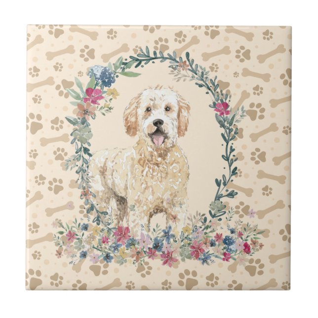 Golden Doodle Dog Paw Print Floral Cute Beige Tile (Front)