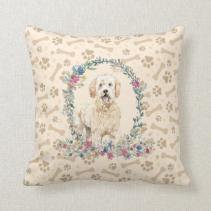 Golden Doodle Dog Paw Print & Floral Cute Throw Pillow