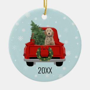 Golden Doodle Dog Red Christmas Truck Ceramic Ornament
