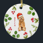 Golden doodle dog with Santa Hat   Ceramic Ornament<br><div class="desc">Adorable Personalized ornament with watercolor illustration  of a Golden doodle in Santa hat with holiday greenery it is perfect for dog lovers 
.</div>