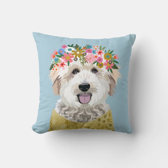 Golden Doodle Flower Crown Dog illustration Throw Pillow (Front)