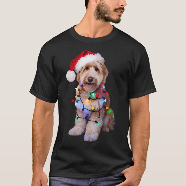 Golden Doodle In Santa Hat Wrapped Up In Christmas T-Shirt (Front)