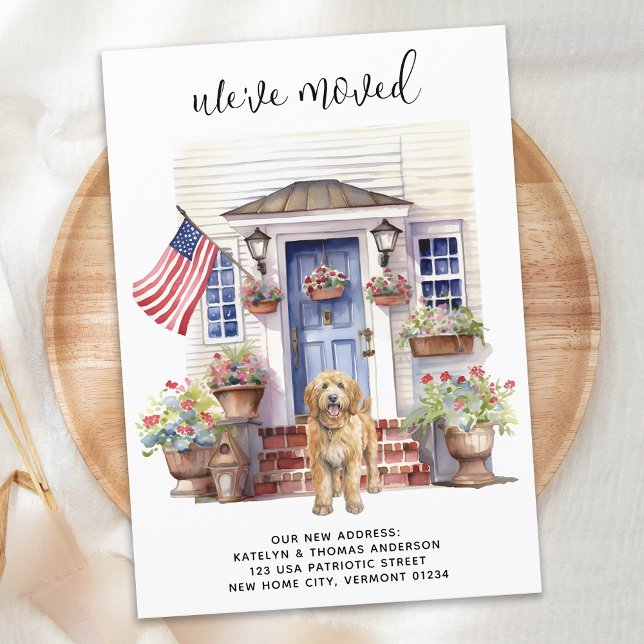 Golden Doodle Patriotic Personalized Dog Moving Announcement (Creator Uploaded)