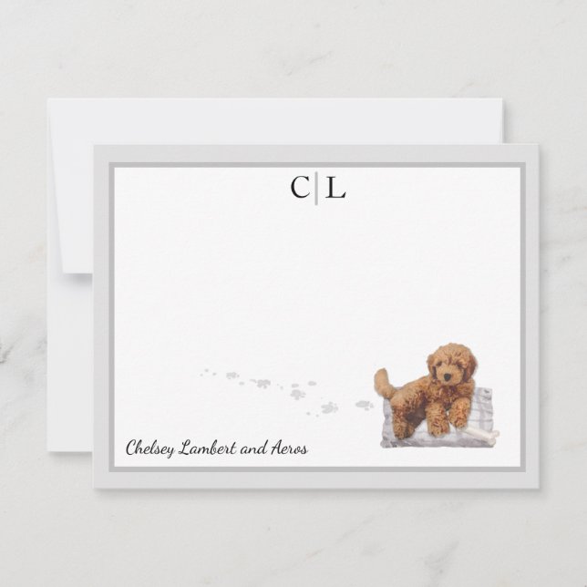Golden Doodle Puppy Dog Grey Border Monogram Name  Card (Front)