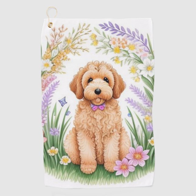 Golden Doodle Puppy Golf Towel (Front)