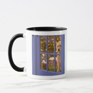 Golden Doodle puppy looking out glass door with Mug