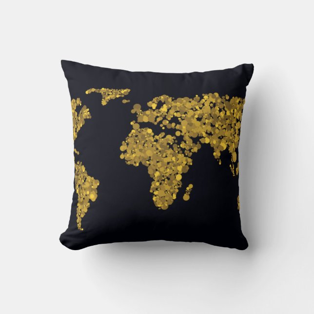 Golden Dot World Map Throw Pillow (Front)