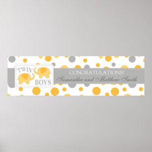 Golden Dots & Elephants Twins Baby Shower Banner Poster