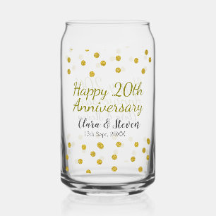 Golden dots glitter happy 20th anniversary wedding can glass
