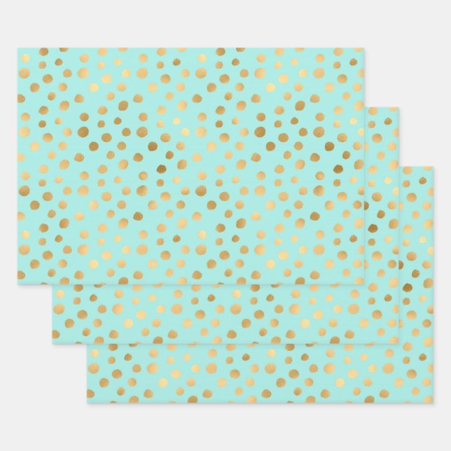 Golden dots on mint background wrapping paper sheet (Set)