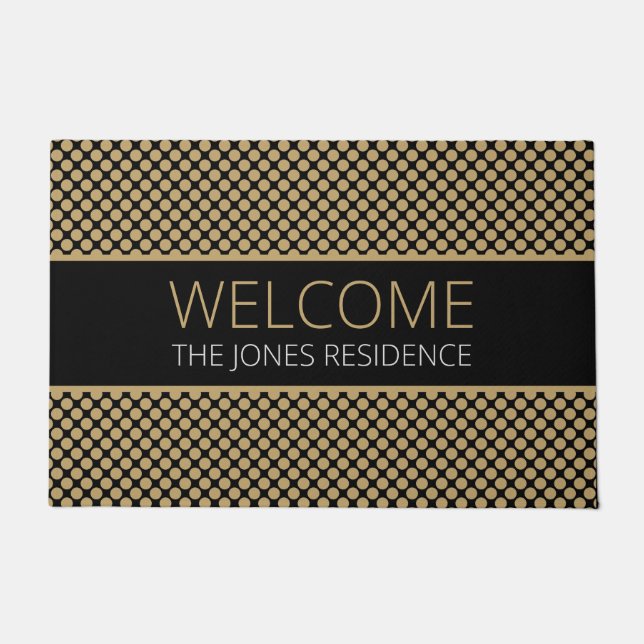 Golden Dots Pattern On Black Name Personalized Doormat (Front)