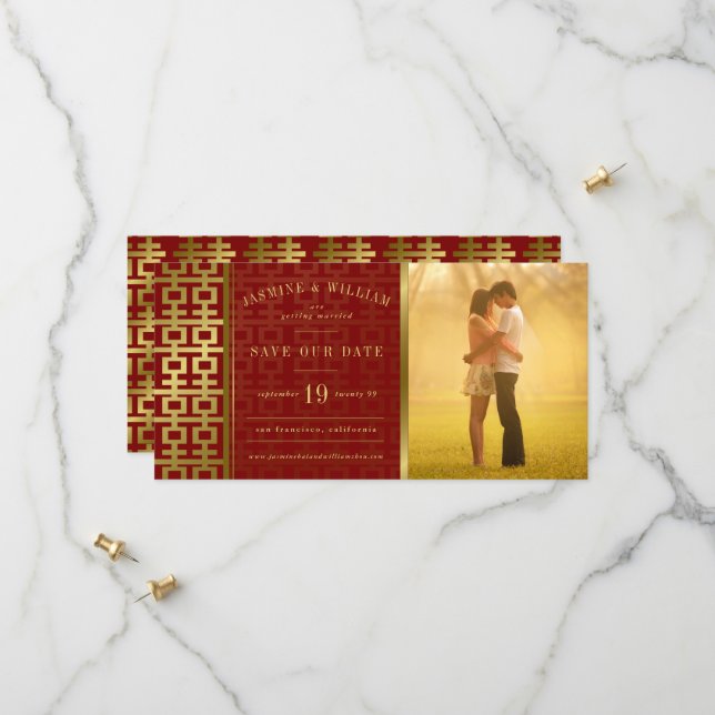 Golden Double Happiness Chinese Wedding Photo Save The Date (Front/Back In Situ)