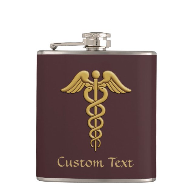 Golden Double Snake Caduceus Hip Flask (Front)