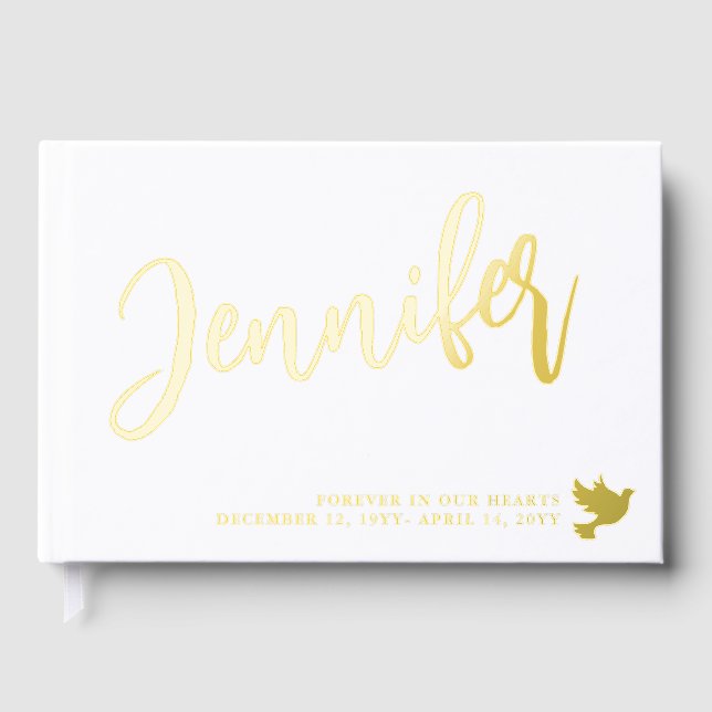 Golden Dove Name in Script White Memorial Guest Book (Front)