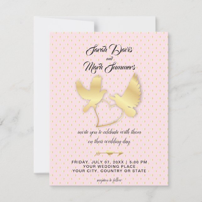 Golden Doves and Swans, a Golden Heart Wedding Invitation (Front)