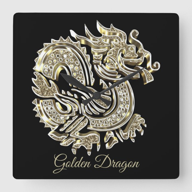 Golden Dragon Black and Gold Elegant Add Name Square Wall Clock (Front)