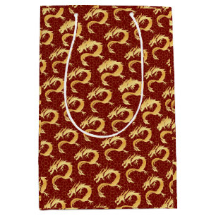 Golden Dragon Chinese New Year Wishes Oriental Red Medium Gift Bag