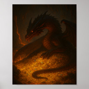 Golden Dragon Guarding Treasure Fantasy Poster