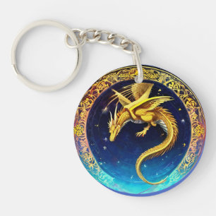 Golden Dragon in Cosmic Sky Keychain