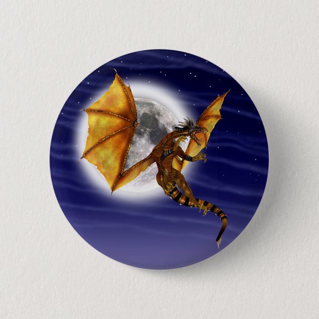 Golden Dragon Mythical Fantasy Creature Purple Sky 2 Inch Round Button (Front)