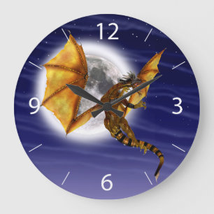 Golden Dragon Mythical Fantasy Creature Purple Sky Large Clock