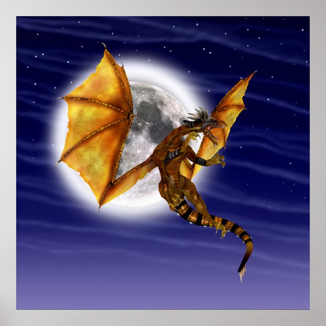 Golden Dragon Mythical Fantasy Creature Purple Sky Poster (Front)