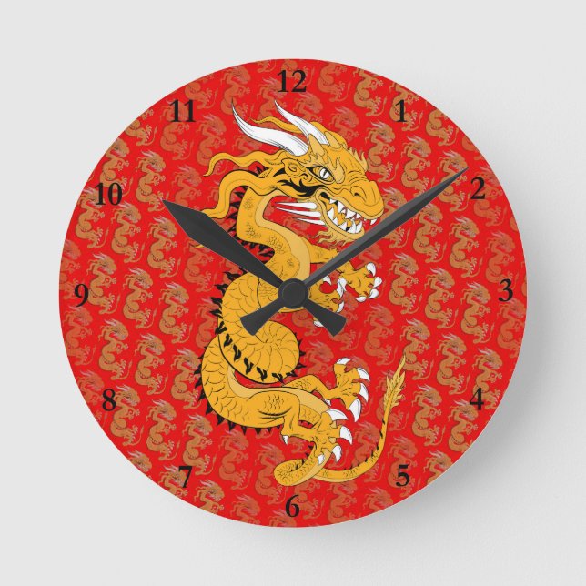 Golden Dragon on Red Round Clock (Front)