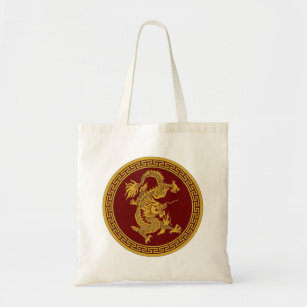 Golden dragon on red tote bag
