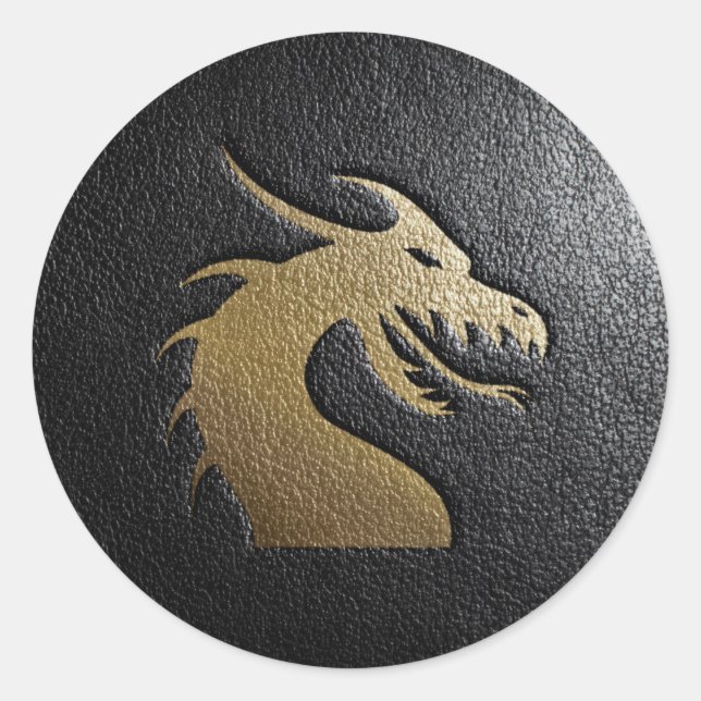 Golden dragon silhouette on black leather classic round sticker (Front)