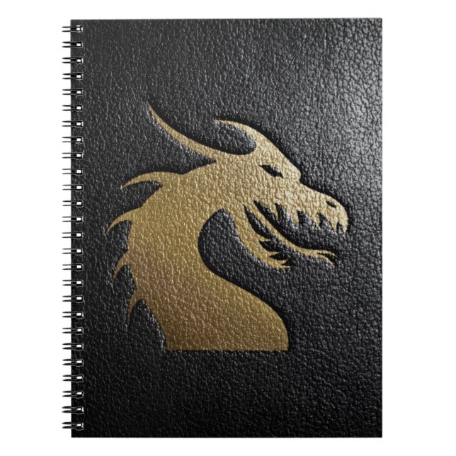 Golden dragon silhouette on black leather notebook (Front)