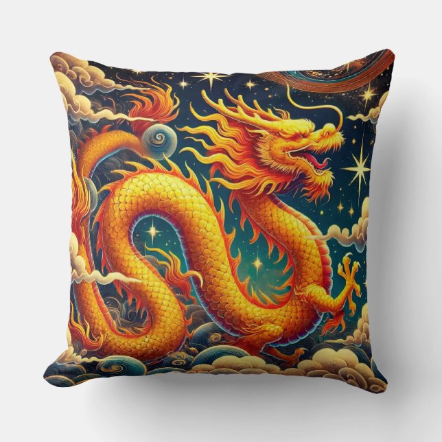 Golden Dragon Soaring Among Enchanting Clouds Throw Pillow (Front)