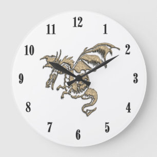 Golden Dragon White Face Black Numbers Large Clock