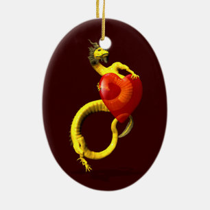 Golden Dragon With Big Red Heart Ceramic Ornament