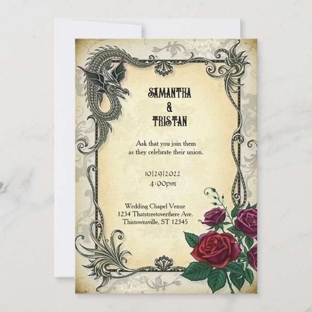 Golden Dragon with Roses Steampunk Vintage Wedding Invitation (Front)