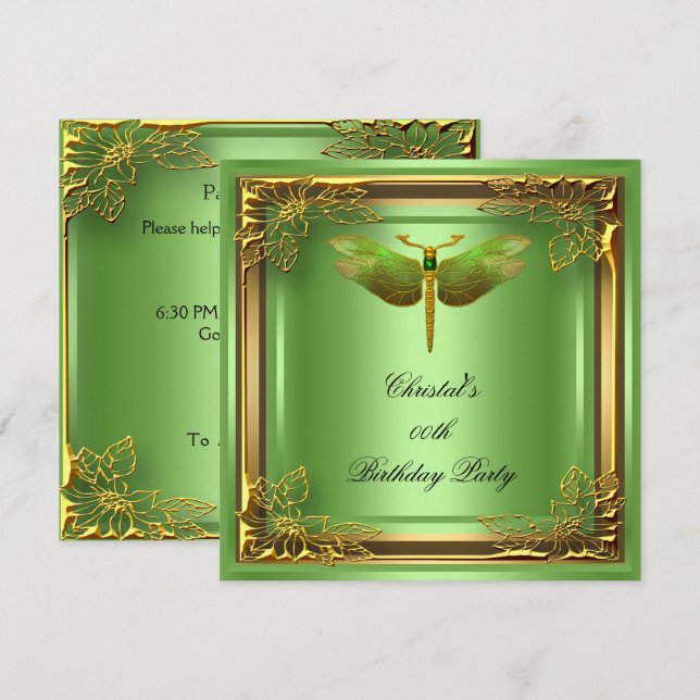 Golden Dragonfly Elite Elegant Birthday Party Invitation (Front/Back)