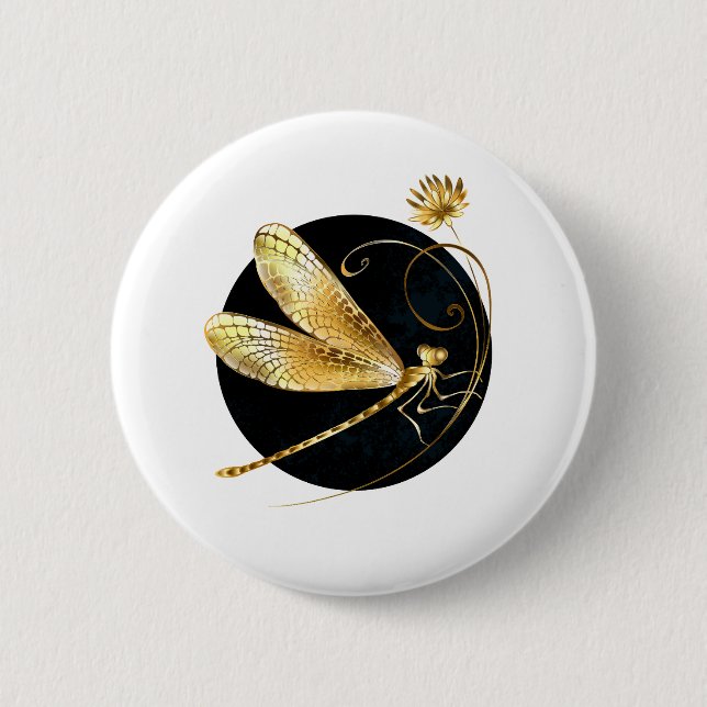 Golden dragonfly in black circle 2 inch round button (Front)