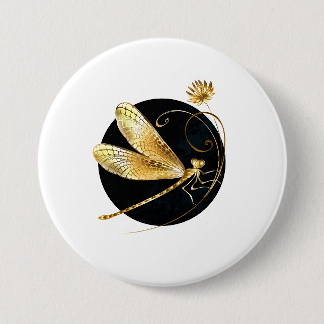 Golden dragonfly in black circle 3 inch round button (Front)