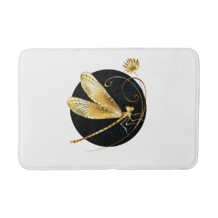 Golden dragonfly in black circle bath mat