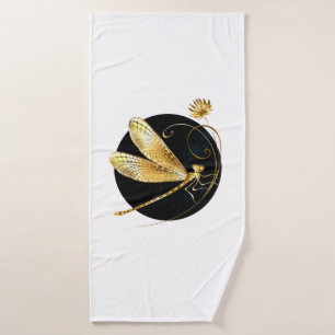 Golden dragonfly in black circle bath towel
